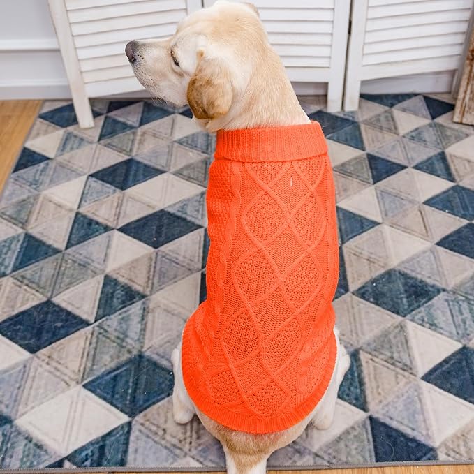 Mihachi Turtleneck Dog Sweater - Winter Coat Apparel Classic Cable Knit Clothes with Leash Hole for Cold Weather, Ideal Gift for Pet in New Year Orange, Medium/Large