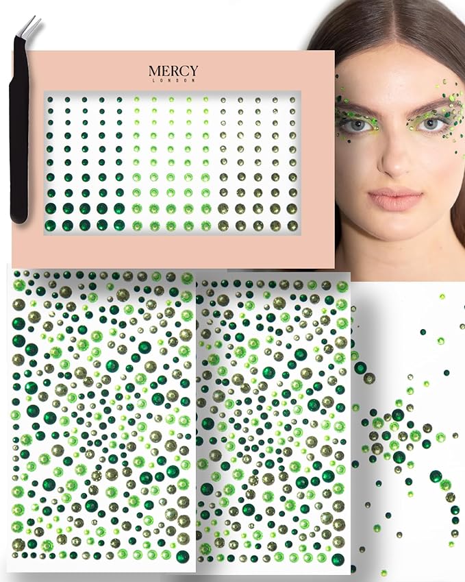 MERCY LONDON Face Gems in Green, 866 Self Adhesive Makeup Face Gem Stickers, 4 Sheets, Poison Ivy Reusable Eye Gems, Wicked DIY Face Gems