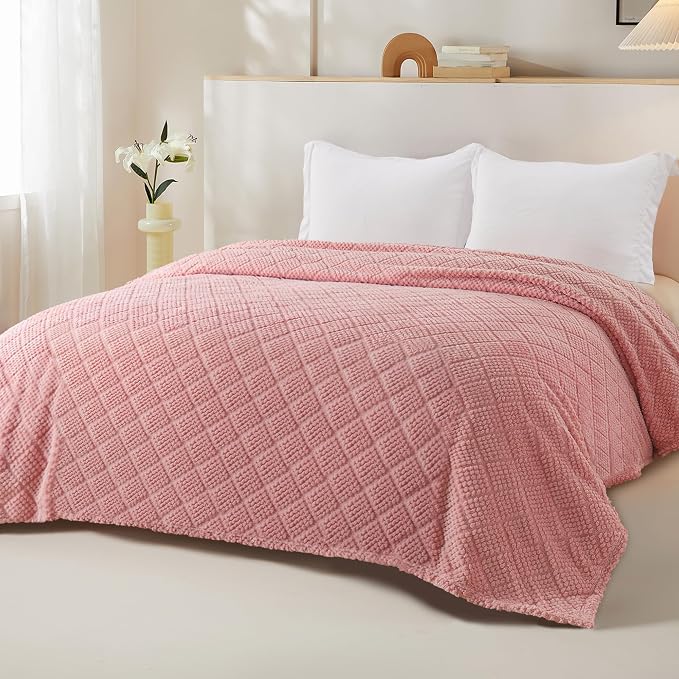 Whale Flotilla Soft Fleece King Size Blanket for Bed, Pink | Jacquard Waffle Blankets for Home Decor, Lightweight and Cozy, All Season Suitable, 90x104 Inch