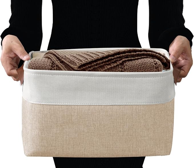 DECOMOMO Storage Bins, Large Fabric Storage Baskets for Shelves 3 Pack | 15 x 11 x 9.5 inches Decorative Linen Closet Organizers with Handles(Beige and White)