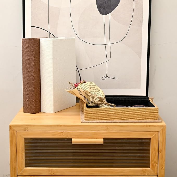 DECOR4SEASON Modern Linen and Wood Decorative Book Boxes, Set of 3 Earthy Neutral Faux Books for Bookshelf Decor, Coffee Table Storage Trays for Remotes & Jewelry, Brown, Taupe, and Off-White