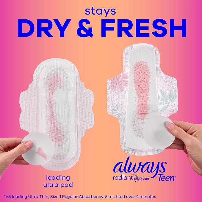 Always Radiant Teen Feminine Pads for Women, Size 1 Regular Absorbency, with Wings, Unscented, 14 Count