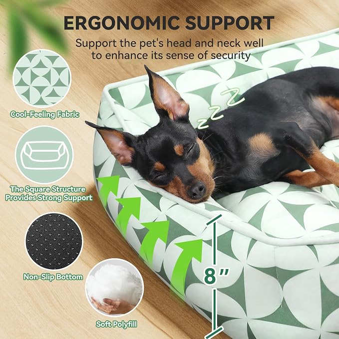 Zerbuger 25in Green Pattern Rectangle Cat Dog Bed Machine Washable Sofa | Sleeping for Large Medium Small Pets Indoor Outdoor, Non-Slip Bottom Soft Puppy Bed Durable Orthopedic Calming Pet Cuddler