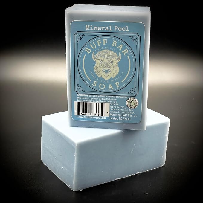 Big Crazy Buffalo Bison Tallow Buff Soap Bar, Mineral Pool, (2 pack) - Scents of Himalayan Sea Salt, Moss, & Freesia - Cleans, Moisturizes, Soothes, Hydrates - No Chemicals or Preservatives