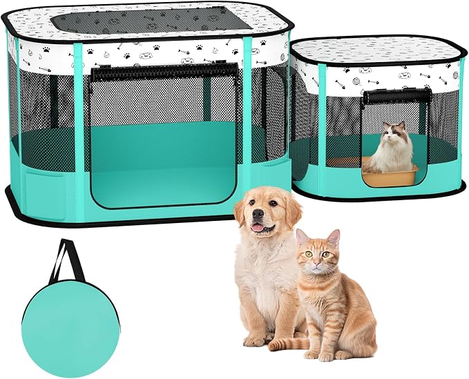 Portable Cat Playpen, 8-Rod Reinforced Kitten Dog Playpens, Foldable Play Pen for Indoor Cats Enclosed Pet Puppy Doggy Outdoor, Collapsible Tent Kennel Cage House(32"x24"x22")