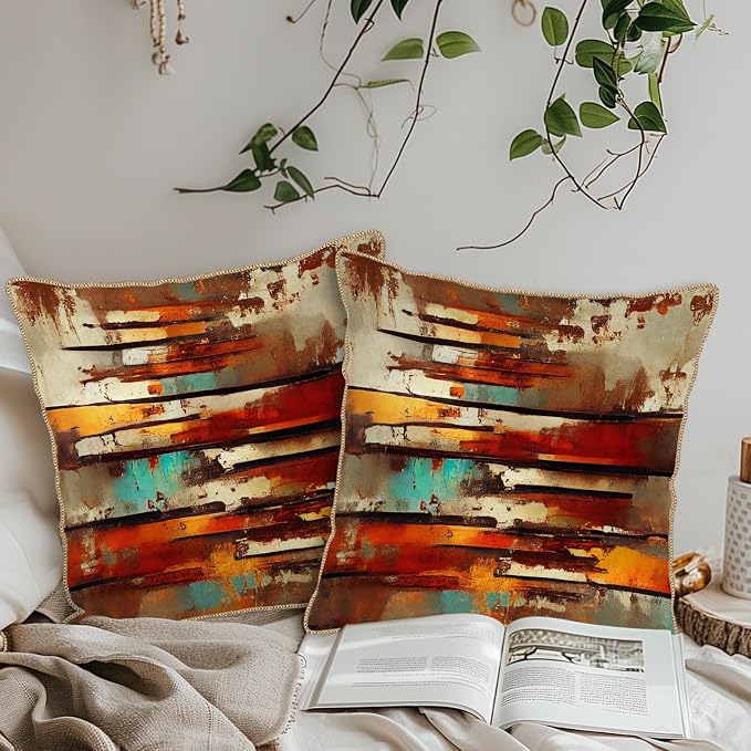 Burnt Orange Teal Rust Soft Velvet Throw Pillow Covers Set of 2 Abstract Vintage Metalic Copper Pillow Covers 16x16 Inch Retro Colorful Pillow Case For Sofa Couch Living Room Farmhouse Home Decor