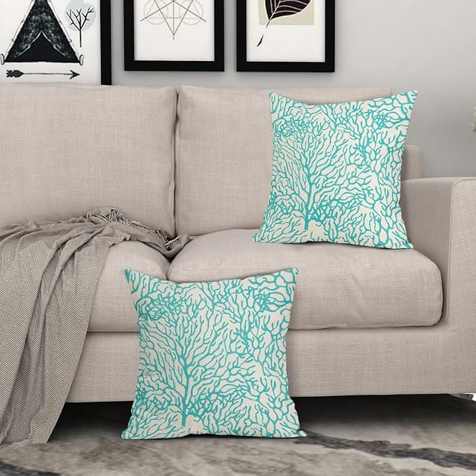 Nautical Coastal Coral Pillow Covers 20x20 Inch Set of 2 Summer Ocean Beach Teal Turquoise Decorative Pillow Cases Outdoor Linen Cushion Cover Farmhouse Decor for Bedroom Home Sofa Couch Bed
