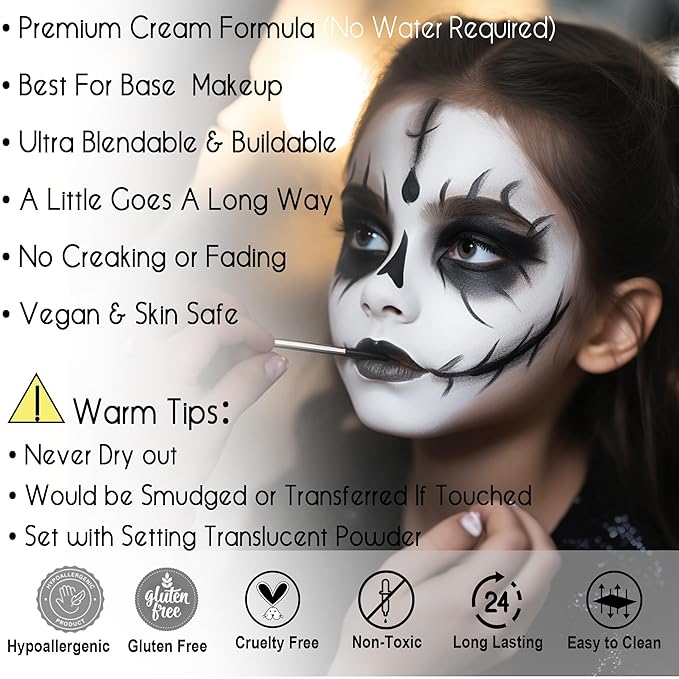 CCbeauty Black White Face Paint, Clown White Face Painting Kit, Flawless & Full Coverage Finish, Professional Body Paint For Halloween Cosplay Party, Skeleton, Joker, Mime, Vampire, Goth Makeup