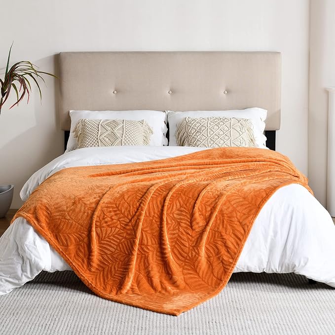 Super Soft Flannel Fleece Fall Throw Blanket, 60 x 80 Inches, Orange | Lightweight Cozy Warm Leaves Textured Plush Blanket for Bed Couch Sofa