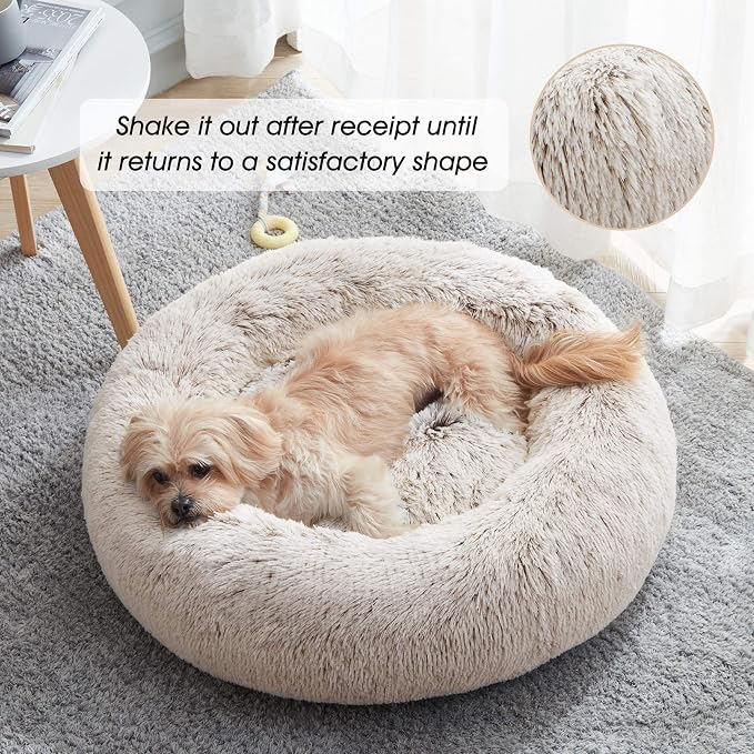 Western Home Calming Donut Small Medium Pet Dog Bed Washable,27"White Khaki | Fluffy Faux Fur Round Cuddler,Anti-Anxiety,Anti-Slip Bottom,Plush Pet Dog Beds for Small Medium Sized Dogs,Up to 35 LBS