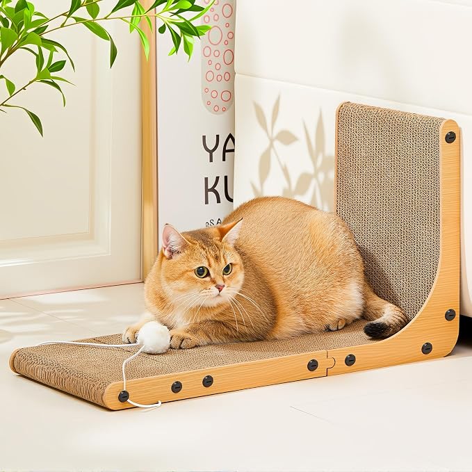 Cardboard Cat Scratcher, 23.6 Inch Cardboard Cat Scratching Post with Fuzzy Ball, Reversible Scratching Pad for Indoor Cats