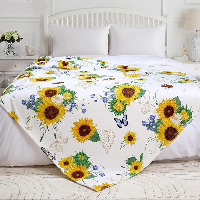 Sunflower Throw Blanket Ultra Soft Butterfly Floral Blanket Cozy Flannel Fleece Bed Blanket Lightweight Fuzzy Plush Flowers Couch Cover Sunflowers Gifts Throw Decor for Women Girls 60" X 80"