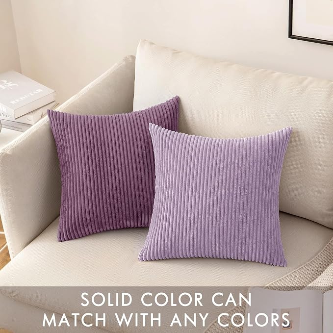 MIULEE Decorative Corduroy Throw Pillow Covers Set of 2 18x18 Lavender | Soft Striped Textured Cushion Cases, Boho Energetic Vibe Pillowcases for Home Decor, for Couch Chair Sofa Bed Living Room