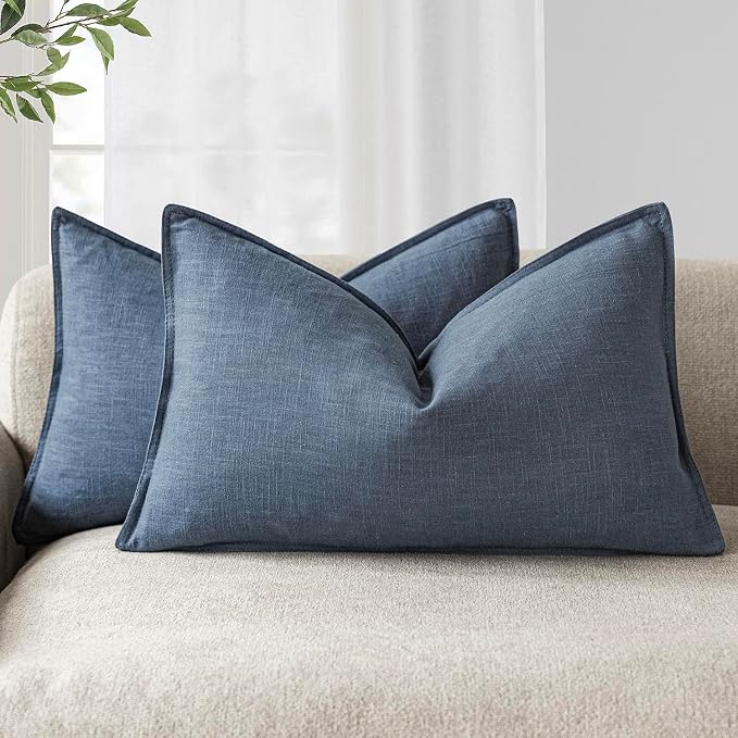 Foindtower Pack of 2, Decorative Linen Solid Throw Pillow Covers Accent Lumbar Cushion Case Boho Farmhouse Pillowcase for Chair Couch Sofa Bedroom Living Room Home Decor 12x20 Inch Dark Blue