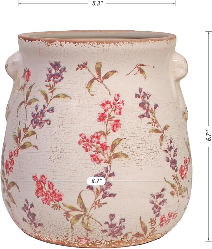 Xiaan Jiaju 6.7" French Country Ceramic Plant Pot with Drainage Hole | Vintage Ice Crackle Planter, Decorative Vase or Kitchen Utensil Holder, Rustic Decor for Indoor & Outdoor Home & Garden