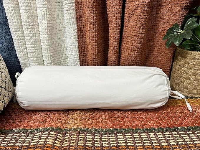 Cervical Neck Roll Pillow Cover with Cotton Bolster Pillowcases for Cylindrical Cushion and Drawstring Closure Round Neck Pillowcase 6" x 18" (15 x 45 cm) White