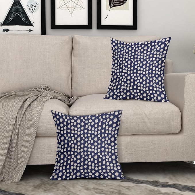 Sweetshow Navy Blue Cream Dots Pillow Covers 16x16 Set of 2 Boho Design Polka Dot Throw Pillows Modern Trendy Print Outdoor Decorative Pillowcase Square Linen Cushion Cases Decor for Sofa Couch Bed