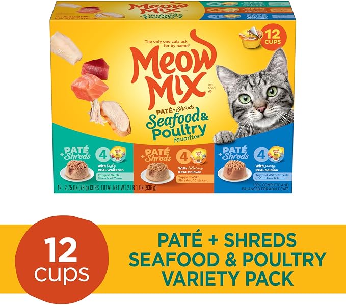 Meow Mix Paté & Shreds, Seafood & Poultry Wet Food Variety Pack, 12 Cups