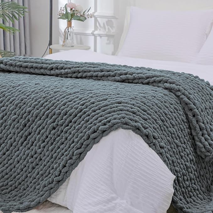 Bigacogo Chunky Knit Throw Blanket for Couch, 60x80 inches, Iron Gray | Hand Knit with Jumbo Chenille, Soft Breathable Cable Knit for Sofa Bed Living Room, Machine Washable, Gift for Mom Friend