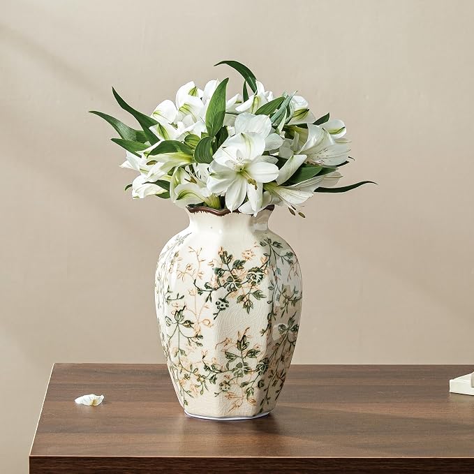 Ceramic Flower Vase for Home Decor, Vintage Green Decorative Vase 6.7 Inch | Rustic Farmhouse Floral Vase for Living Room, Kitchen, Coffee Table, Mantel, Bookshelf, Entryway, Wedding Centerpiece