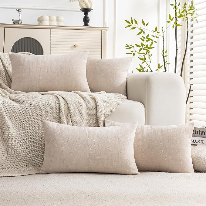 Set of 4 Soft Textured Decorative Throw Pillow Covers 12x20 Inch Cozy Farmhouse Cushion Cover Square Accent Pillow Cases for Bed Couch Sofa Living Room, Light Beige