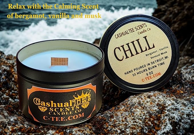 Luxury Handcrafted Bergamot, Vanilla, and Musk CHILL Scented Candle | Aromatherapy Crackling Wood Wick Long-Lasting Coconut Apricot Creme Wax Candles | 8oz-55hr Burntime | Perfect for Any Occasion
