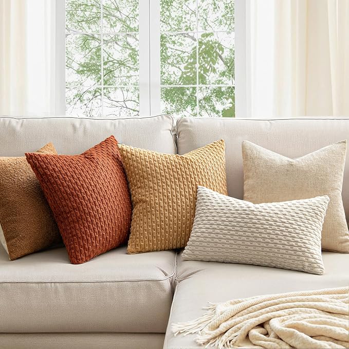 MIULEE Euro Sham Fall Decorative Throw Pillow Covers 24x24 Rust Corduroy | Terracotta Textured Striped Pack of 2 Striped Pillow Covers Modern Farmhouse Autumn Home Decor for Couch Bed Sofa Living Room