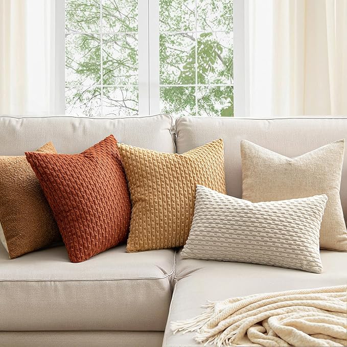 MIULEE Fall Decorative Throw Pillow Covers 20x20 Rust Textured Corduroy | Terracotta Pack of 2 Striped Pillow Covers Modern Farmhouse Autumn Home Decor for Couch Bed Sofa Living Room