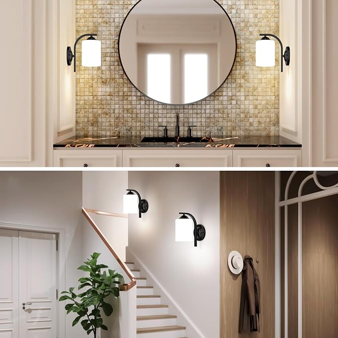Wall Sconces Lights for Bedroom Bathroom, Modern Vanity Light Fixtures, Matte Black Farmhouse Wall Mount Lighting, Hardwired Wall Lights with Glass Shade for Living Room Mirror Hallway