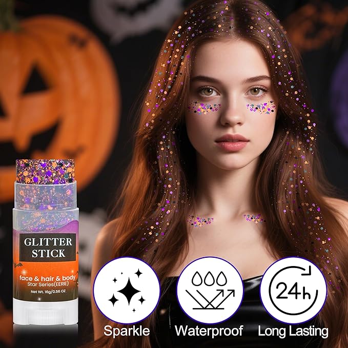 MEICOLY Black Purple and Orange Face Glitter Stick,Halloween Hair Glitter Stick for Kids and Women,Sparkle Chunky Body Glitter Makeup for Party Festival
