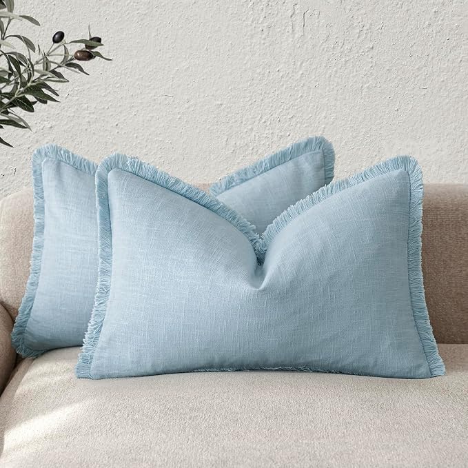Foindtower Set of 2 Decorative Linen Fringe Lumbar Throw Pillow Covers Boho Farmhouse Cushion Cover with Tassels Soft Accent Pillowcase for Couch Sofa Bed Living Room Home Decor,12×20 Inch,Light Blue