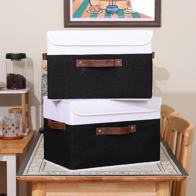 ANMINY Fabric Storage Box Bins with Lids, Black White, 15"x10"x10", 4 Pack | Keepsake Memory Storage, Cotton Linen, PP Board Reinforced, Washable, PU Handles, Foldable & Stackable, Decorative, Large