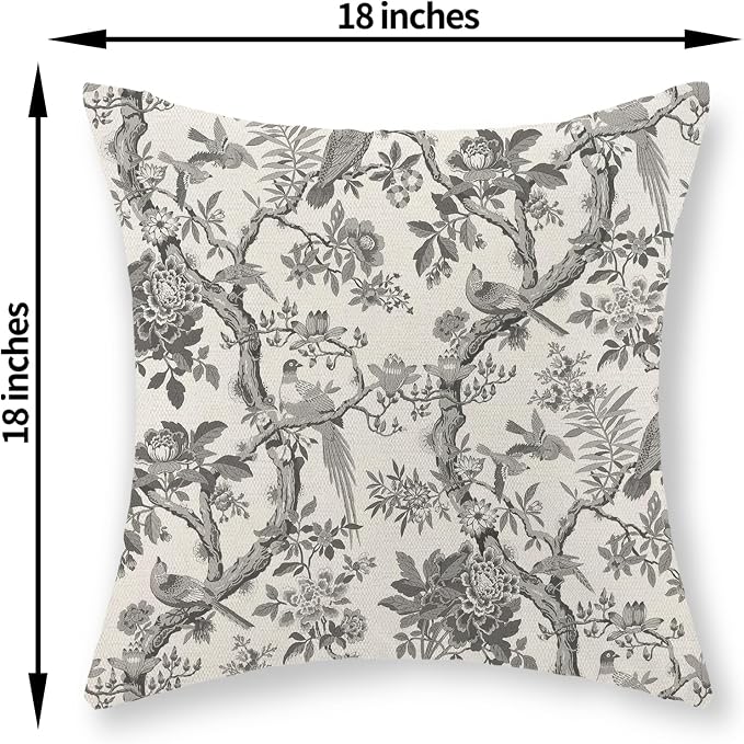 Black Floral Bird Pillow Covers 18x18 Set of 2 Chinoiserie Throw Pillows Black Vintage Flowers Bird Decorative Pillow Cases Outdoor Chinoiserie Decor Farmhouse Cushion Case for Couch Sofa