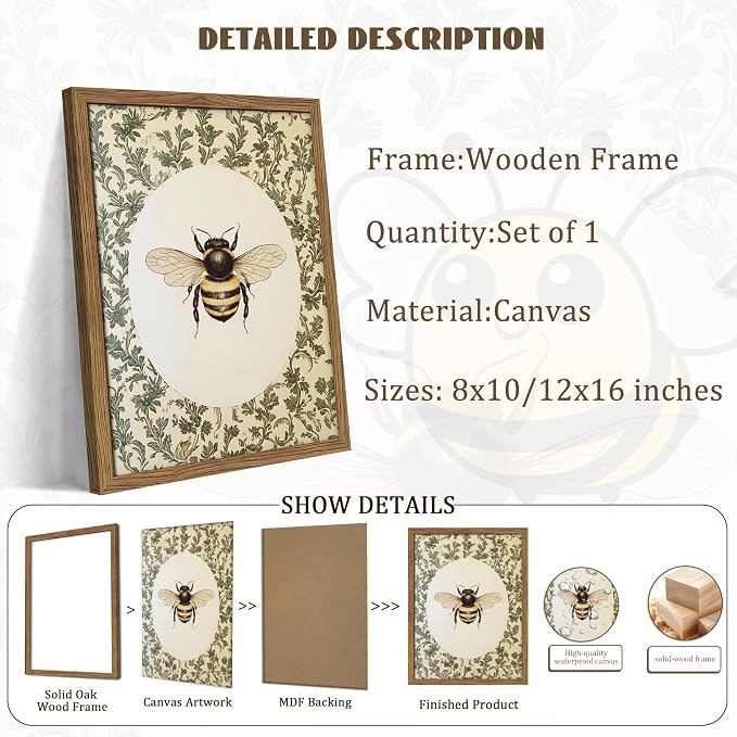 Framed Vintage Bee Wall Art, Cottagecore Floral Botanical Decor, Rustic Garden Insect Pictures Poster, Oval Bumblebee Canvas Print Wall Decor for Bedroom Living Room 12x16 inch