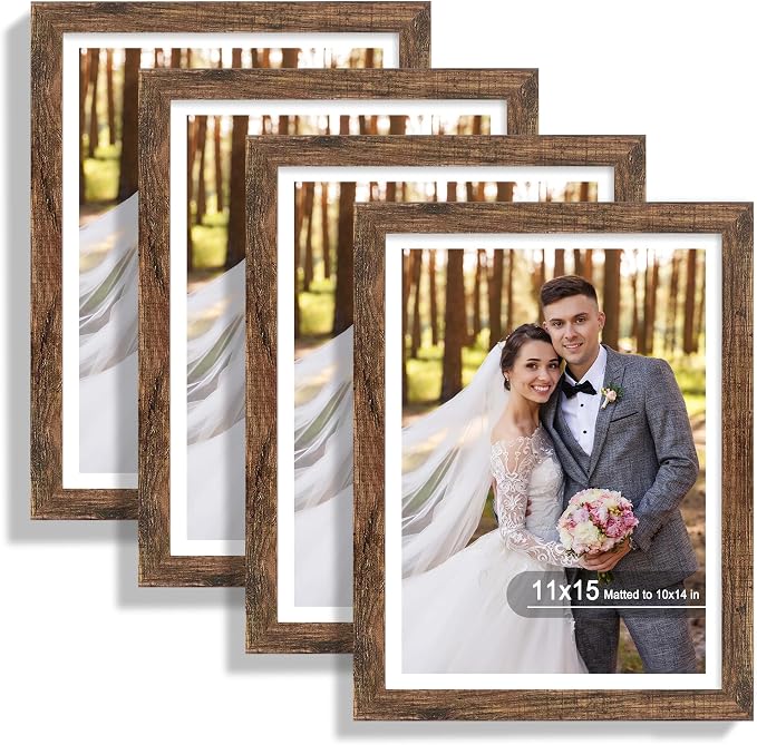 Hongkee 11x15 Picture Frame Set of 4, Made of Real Glass and Rustic Brown Frame - Display Picture 10x14 with Mat or 11x15 Without Mat, 11 by 15 Photo for Wall Mounting