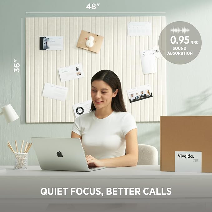 Felt Bulletin Board Tiles 48"x36" - 12-Pack Cork Board Alternative, OEKO-TEX Certified, NRC 0.95 Acoustic Felt Wall Panels, Damage-Free Adhesive, Slatted Design Home Office & Classroom (Linen)