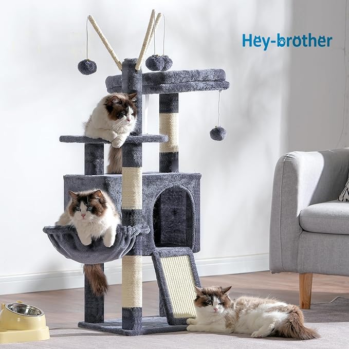 Hey-brother Cat Tree Tower with Removable Toys, Scratching Posts, MPJ008SG | 41.3 Inches Plush Cozy Condo with Platform, Hammock, Sisal Scratch Board and Ball for Indoor Cats, Smoky Gray