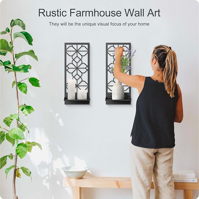 Black Wall Candle Holder Set of 2, Farmhouse Bathroom Metal Wall Decor | 3D Wall Candle Sconces, Rustic Vintage Wall Art for Bedroom, Living Room (16.5 x 7 in)
