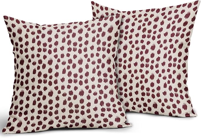 Burgundy Cream Pillow Covers 18x18 Set of 2 Boho Design Polka Dot Throw Pillows Modern Brush Strokes Print Decorative Outdoor Pillowcase Square Cushion Cover Linen Pillow Case for Home Sofa Couch Bed