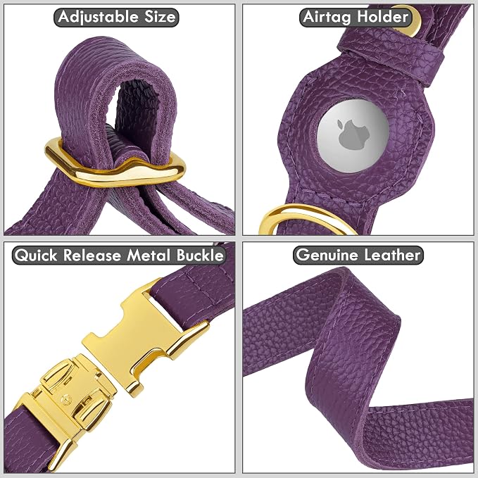 Leather Airtag Dog Collar - Soft Tracking Dog Collar with Apple AirTag Holder and Metal Buckle - Safety GPS Pet Collars for Small Medium Large Dogs Puppy Pink Red (Purple, XL, 20"-25" Neck Fit)