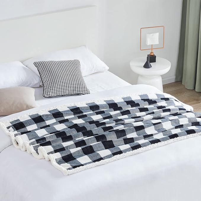Sherpa Plaid Twin Blanket 60" X 70", Fuzzy Fluffy Soft Cozy Throw Blanket, Twin Size Plush Fleece Flannel Plush Microfiber Blanket for Couch Bed Sofa (Black)