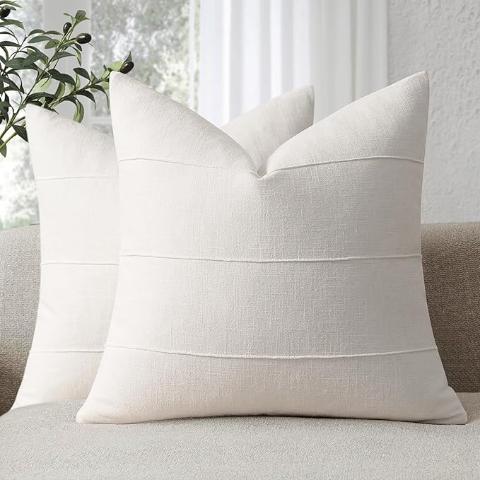 Decorative Linen Throw Pillow Covers 20x20 Set of 2 Solid handcrafted Striped Cushion Covers for Bed Soft Modern Farmhouse Neutral Pillowcase for Couch Bedroom Living Room Home Decor(Cream White)