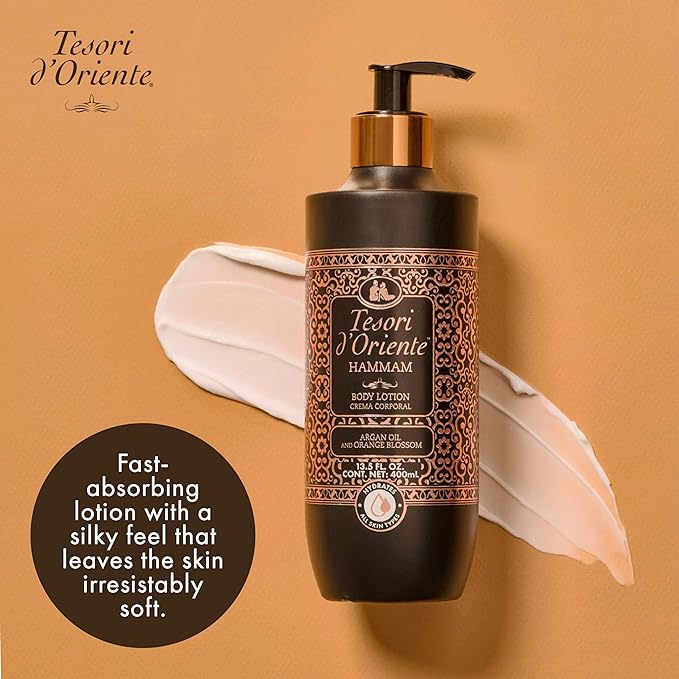 Tesori d’Oriente Hammam Body Lotion, 13.5 fl oz, Daily Full Body Moisturizer with Argan Oil, Fast-Absorbing, Lightweight & Non-Greasy, Orange Blossom Scented, All Skin Types