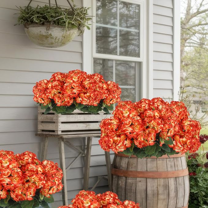 CISDUEO 4 Pcs Artificial Geraniums for Outdoors Silk Flowers Outside Orange | Faux Flowers Geraniums for Outdoor Planter Floral Home Decor Indoor Garden Patio Grave Cemetary Vase Table Centerpiece