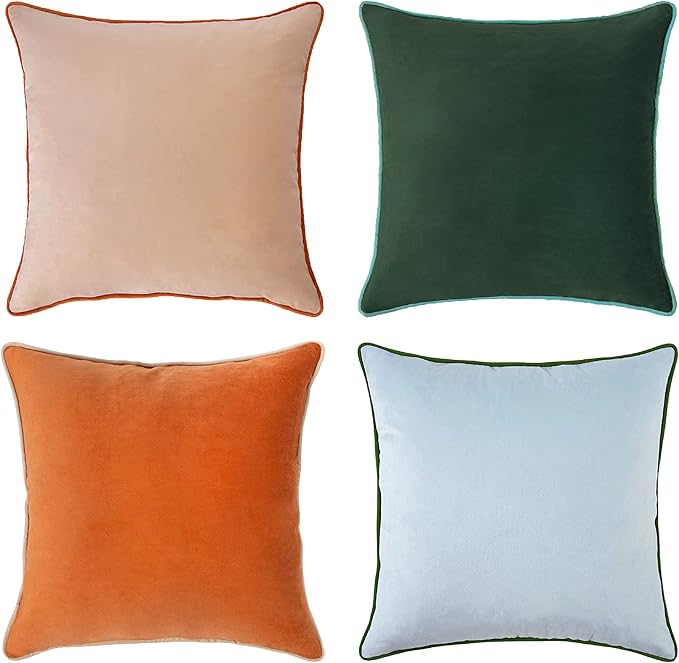MONDAY MOOSE Decorative Throw Pillow Covers Cushion Cases, Set of 4 Soft Velvet Modern Double-Sided Designs, Mix and Match for Home Decor, Pillow Inserts Not Included (18x18 inch, Orange/Green)