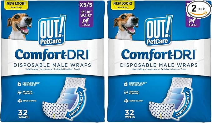 Out! PetCare Disposable Dog Diapers Male,Puppy Belly Band,Potty Training,Doggie Diapers,Belly Bands for Male Dogs,Puppy Training,Incontinence,(XS/S,32ct),(Pack of 2)