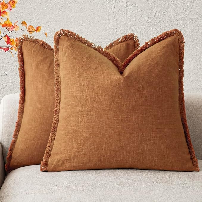 Foindtower Set of 2 Decorative Linen Fringe Throw Pillow Covers Cozy Boho Farmhouse Cushion Cover with Tassels Soft Accent Pillowcase for Couch Sofa Bed Living Room Home Decor, 22×22 Inch, Orange