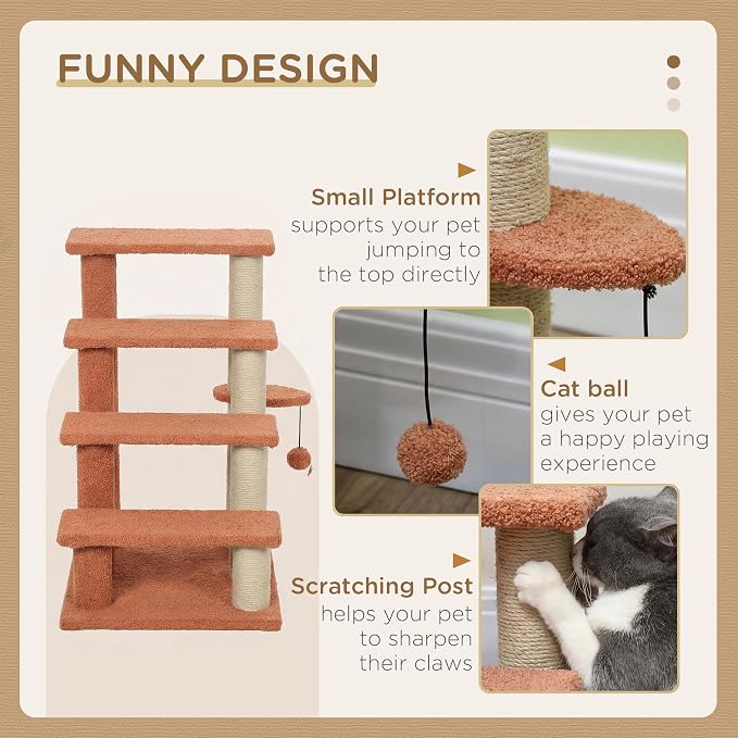 PawHut 4 Levels Cat Steps, Pet Stairs Carpeted Ladder, Kitten Tree Climber with Scratching Posts, Hanging Play Ball, Side Step, for High Bed, Sofa, Brown | Kitten Tree Climber, Scratching Posts, Hanging Play Ball, Side Step, for Sofa