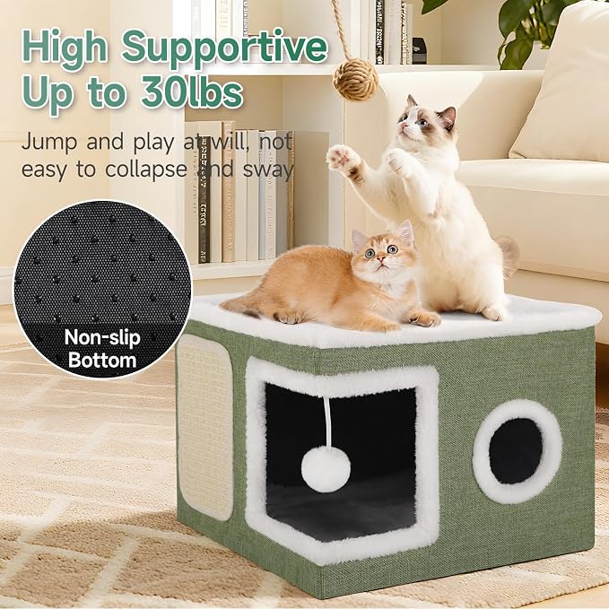 Shikha Cat House Bed for Indoor Cats with Fluffy Ball and Scratch Pad Green | Foldable Large Cat Cave Hideaway with Cozy Condo, Hide and Seek Window, Holds Up to 30LBS, All Season Reversible Cushion