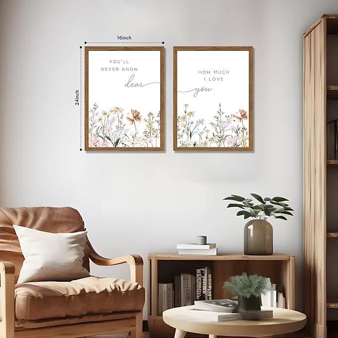 Wood Framed Wildflower Nursery Wall Art Set of 2, Boho Flower Botanical Wall Decor Paintings, Baby Girl Nurseries Pictures Posters Prints for Nursery Baby Room Bedroom Home Decoration 16x24 Inch